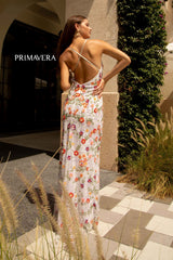V-neck Beaded Sheath Dress With Slit by Primavera Couture -3073