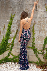 V-neck Beaded Sheath Dress With Slit by Primavera Couture -3073