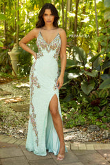 Plunging V-Neck Strappy Gown With Slit By Primavera Couture -3211