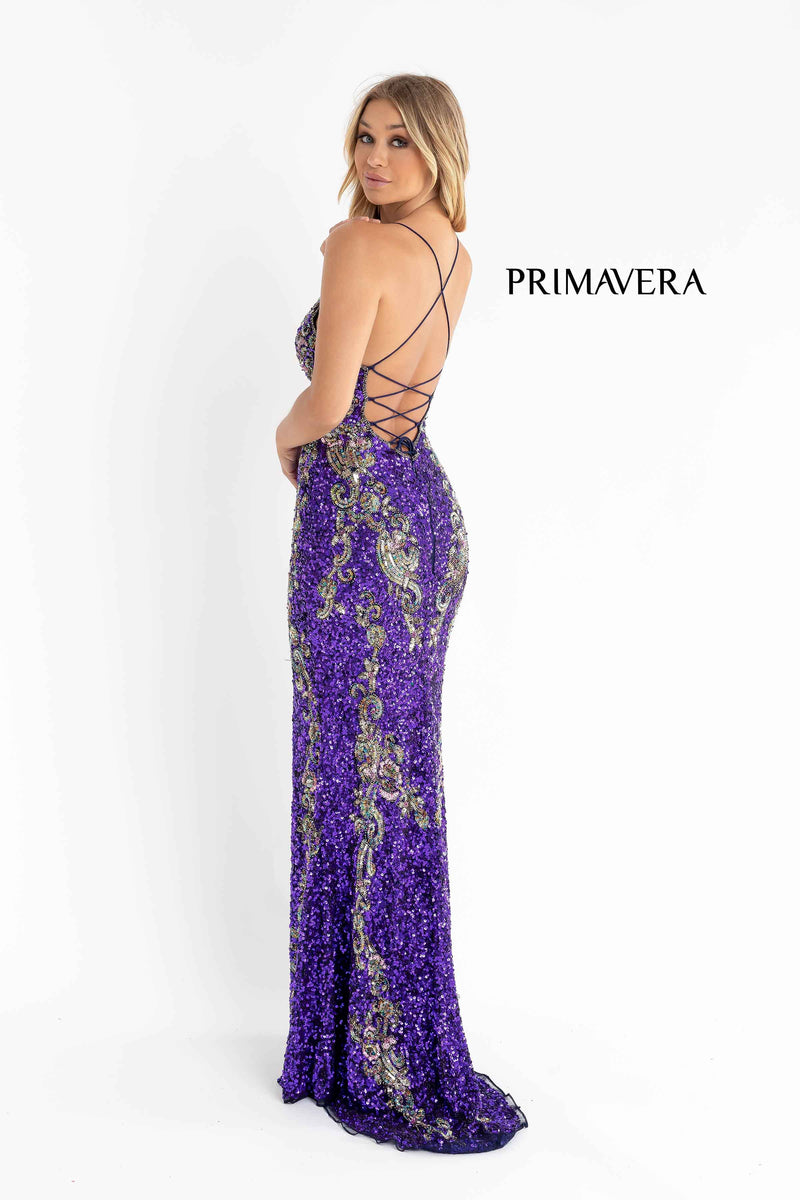 Plunging V-Neck Strappy Gown With Slit By Primavera Couture -3211