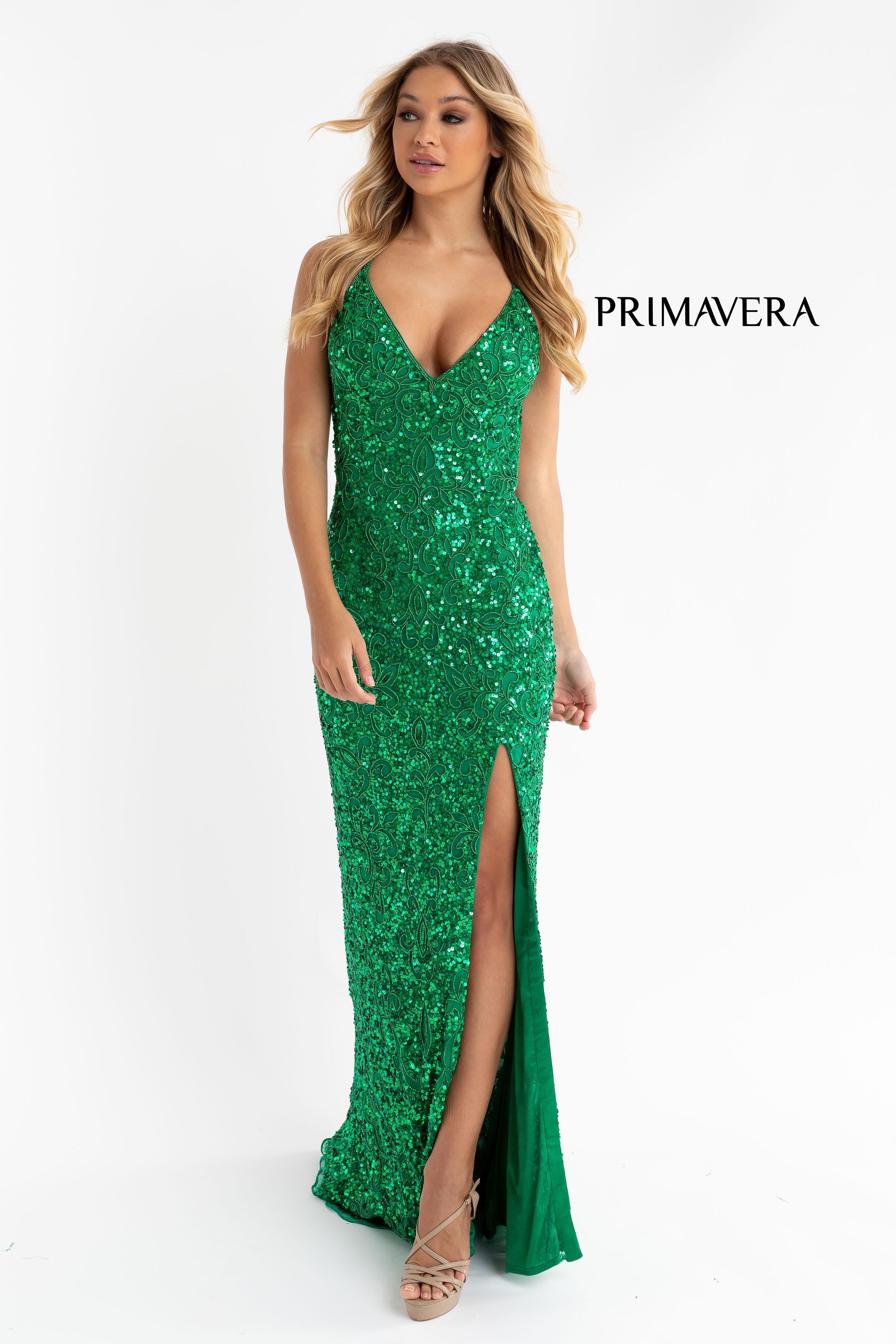 Full Sequin Beaded Dress With V Neckline By Primavera Couture -3295