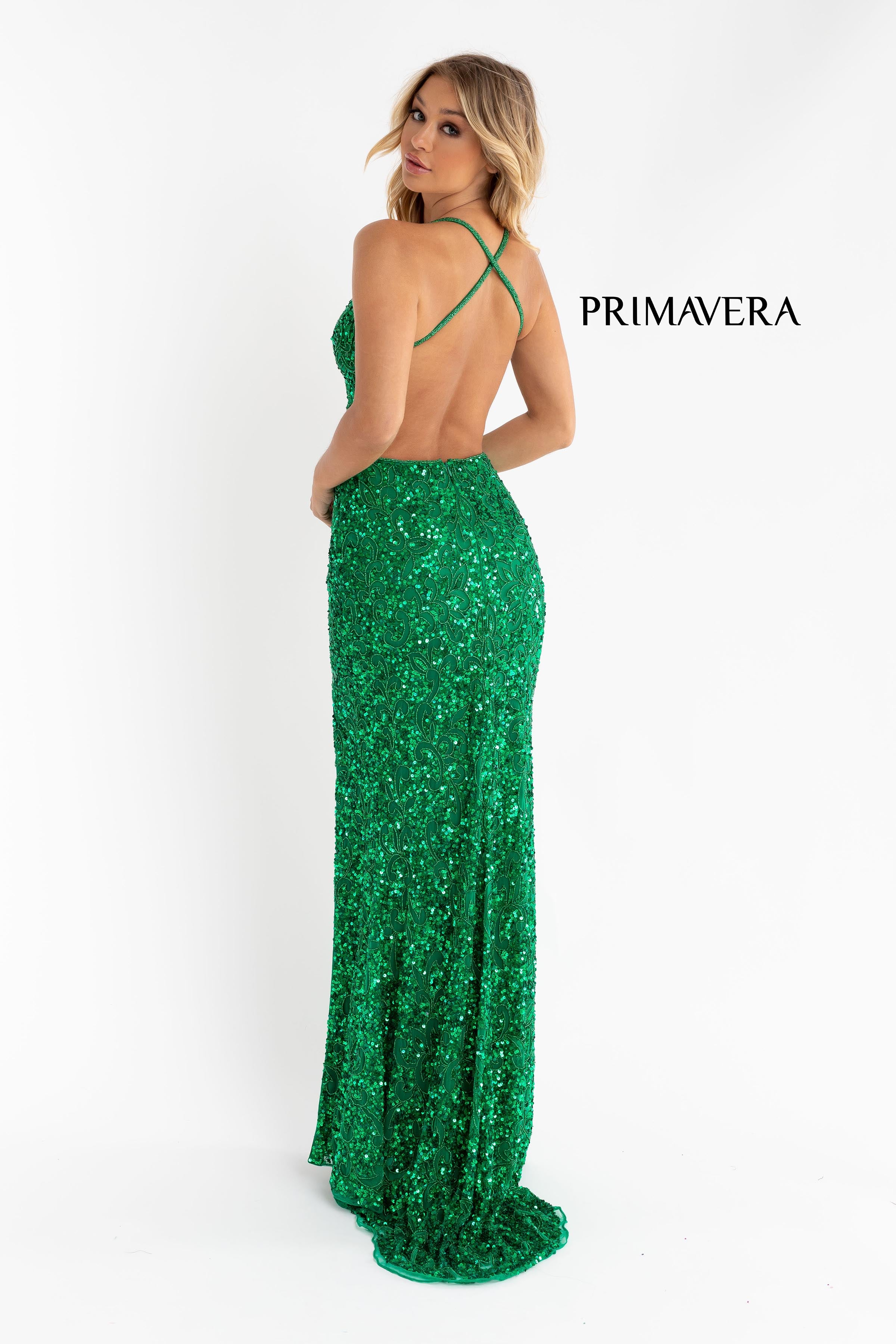 Full Sequin Beaded Dress With V Neckline By Primavera Couture -3295