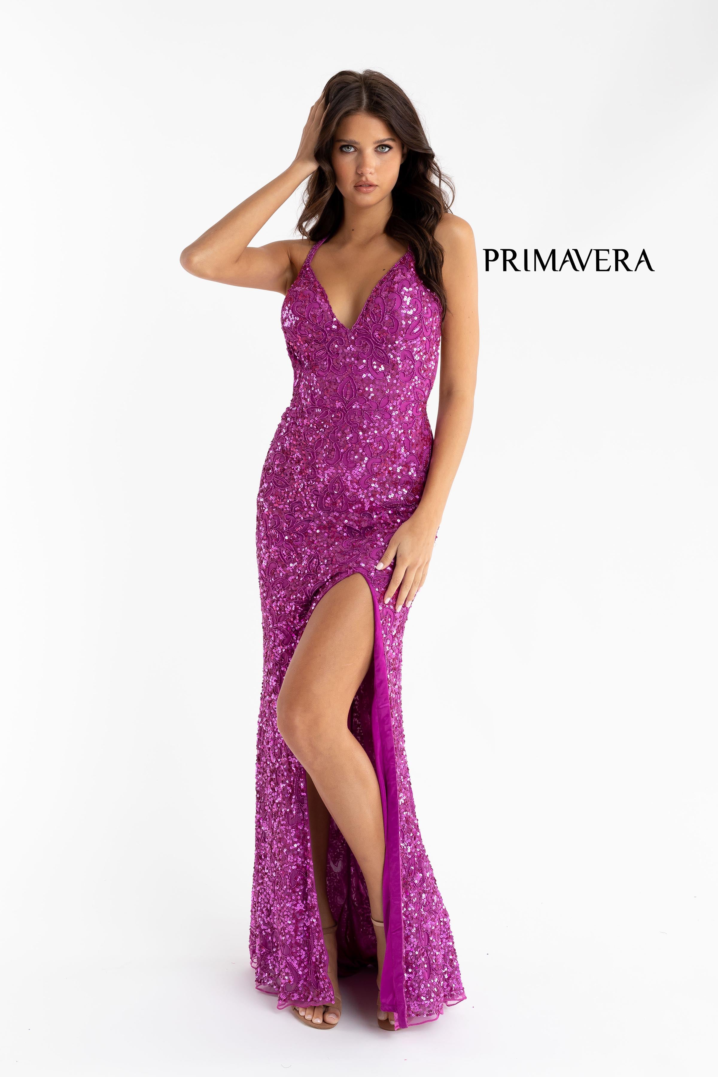 Full Sequin Beaded Dress With V Neckline By Primavera Couture -3295