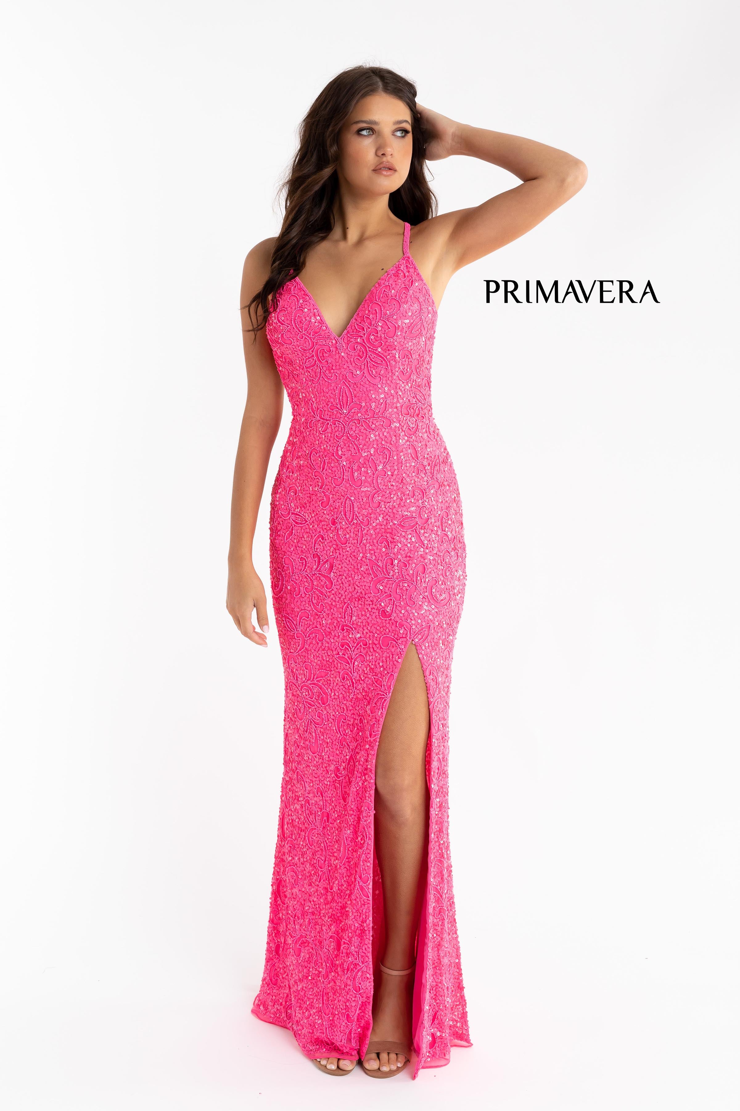 Full Sequin Beaded Dress With V Neckline By Primavera Couture -3295