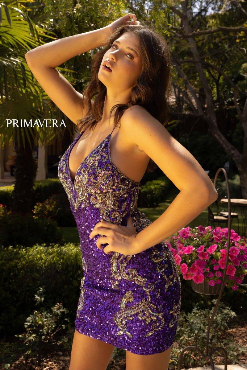Short Beaded Dress V Neckline By Primavera Couture -3301
