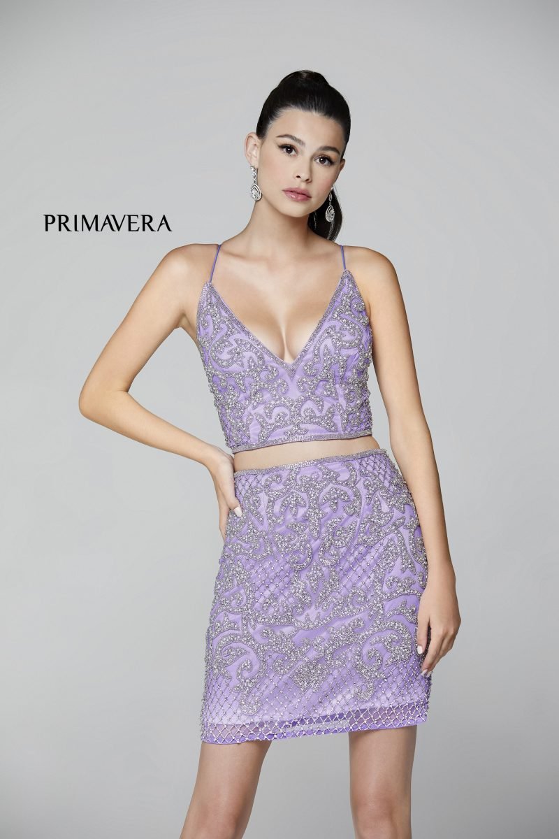 Fully Beaded Two-Piece Dress V-Cut Neckline By Primavera Couture -3321