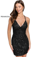 Fitted V-Neck Sequin Cocktail Dress By Primavera Couture -3352