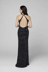 Beaded Evening Halter Neck High Slit Gown By Primavera Couture -3432