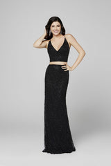 Beaded Two Piece Deep V-Neck Sheath Dress BY Primavera Couture -3439