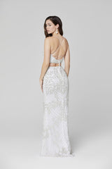 Beaded Two Piece Deep V-Neck Sheath Dress BY Primavera Couture -3439