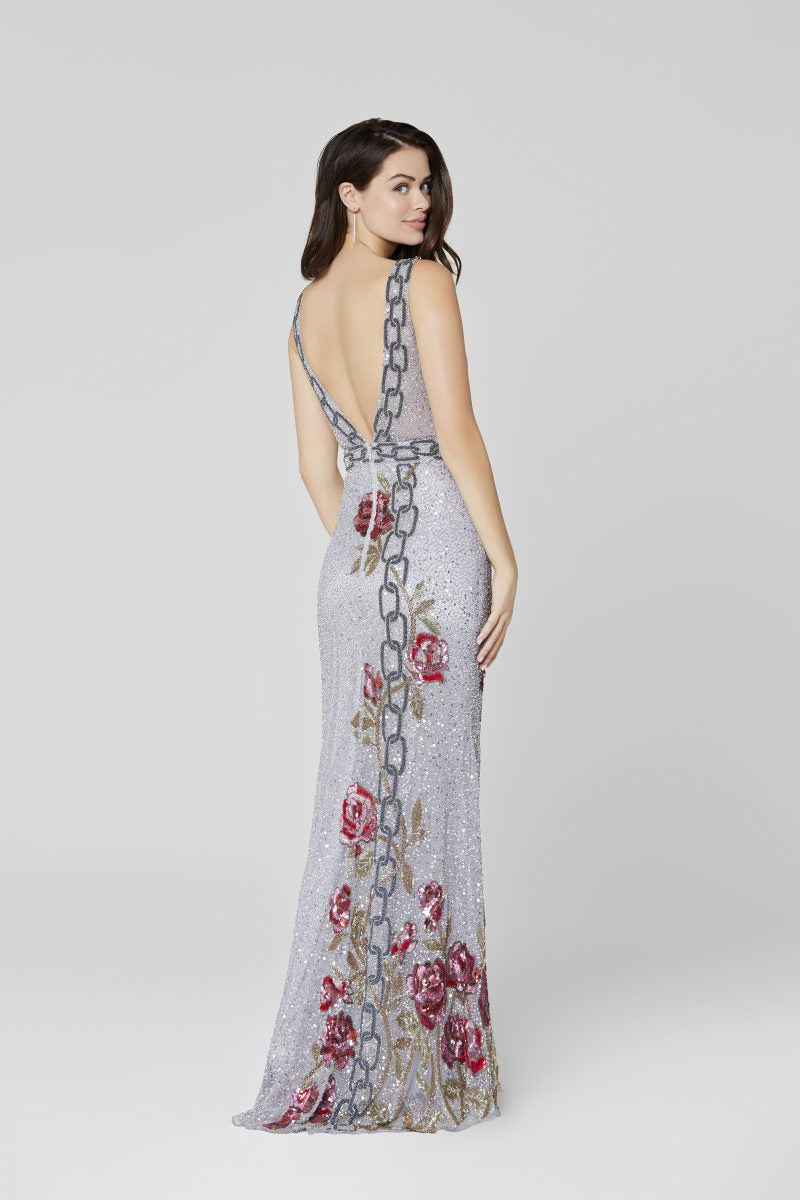 Floral Sleeveless Sequin Sheath Dress by Primavera Couture -3453