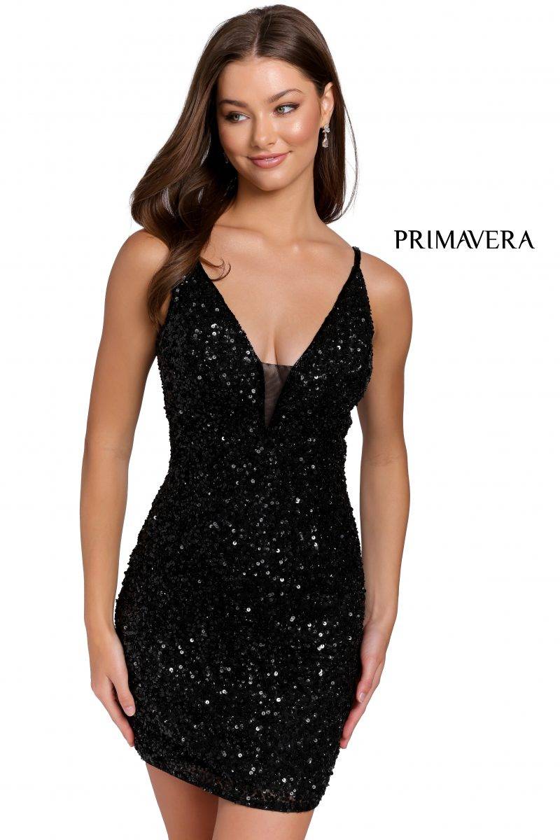 Sheer Plunge V-Neck Sequin Cocktail Dress By Primavera Couture -3572