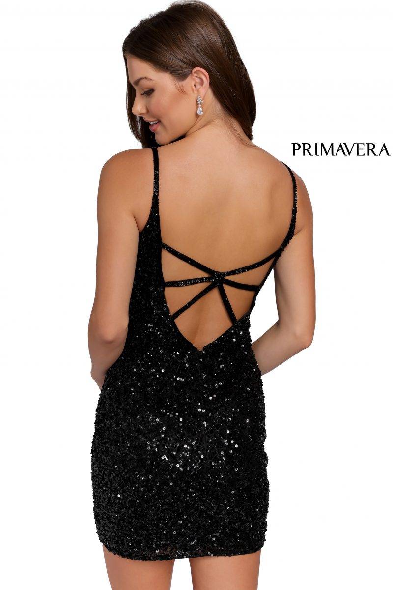 Sheer Plunge V-Neck Sequin Cocktail Dress By Primavera Couture -3572