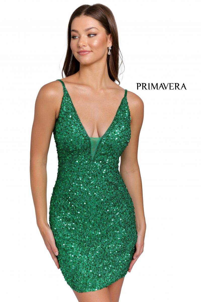 Sheer Plunge V-Neck Sequin Cocktail Dress By Primavera Couture -3572