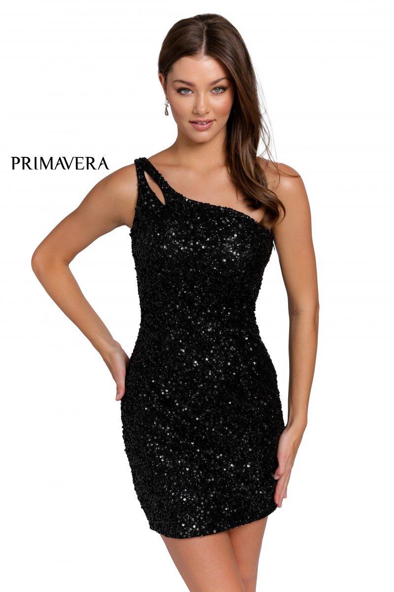 Fitted Cocktail One Shoulder Sequined Dress by Primavera Couture -3573