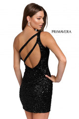 Fitted Cocktail One Shoulder Sequined Dress by Primavera Couture -3573
