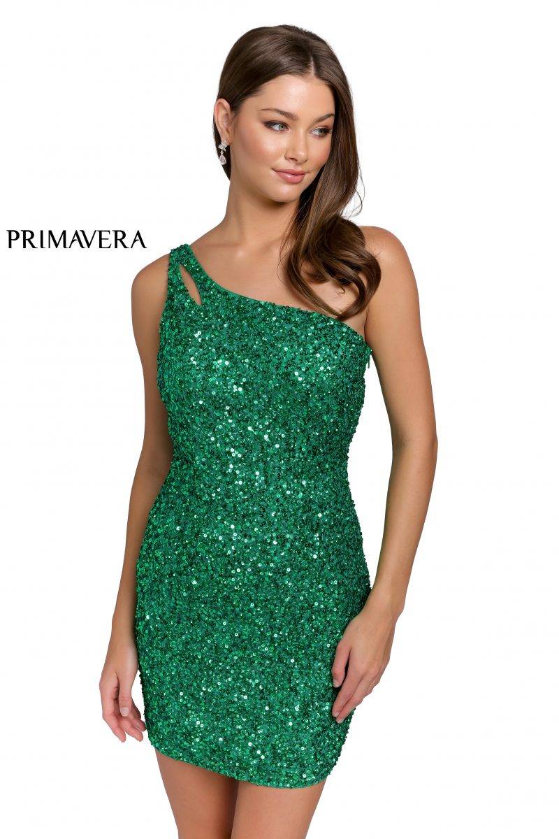 Fitted Cocktail One Shoulder Sequined Dress by Primavera Couture -3573
