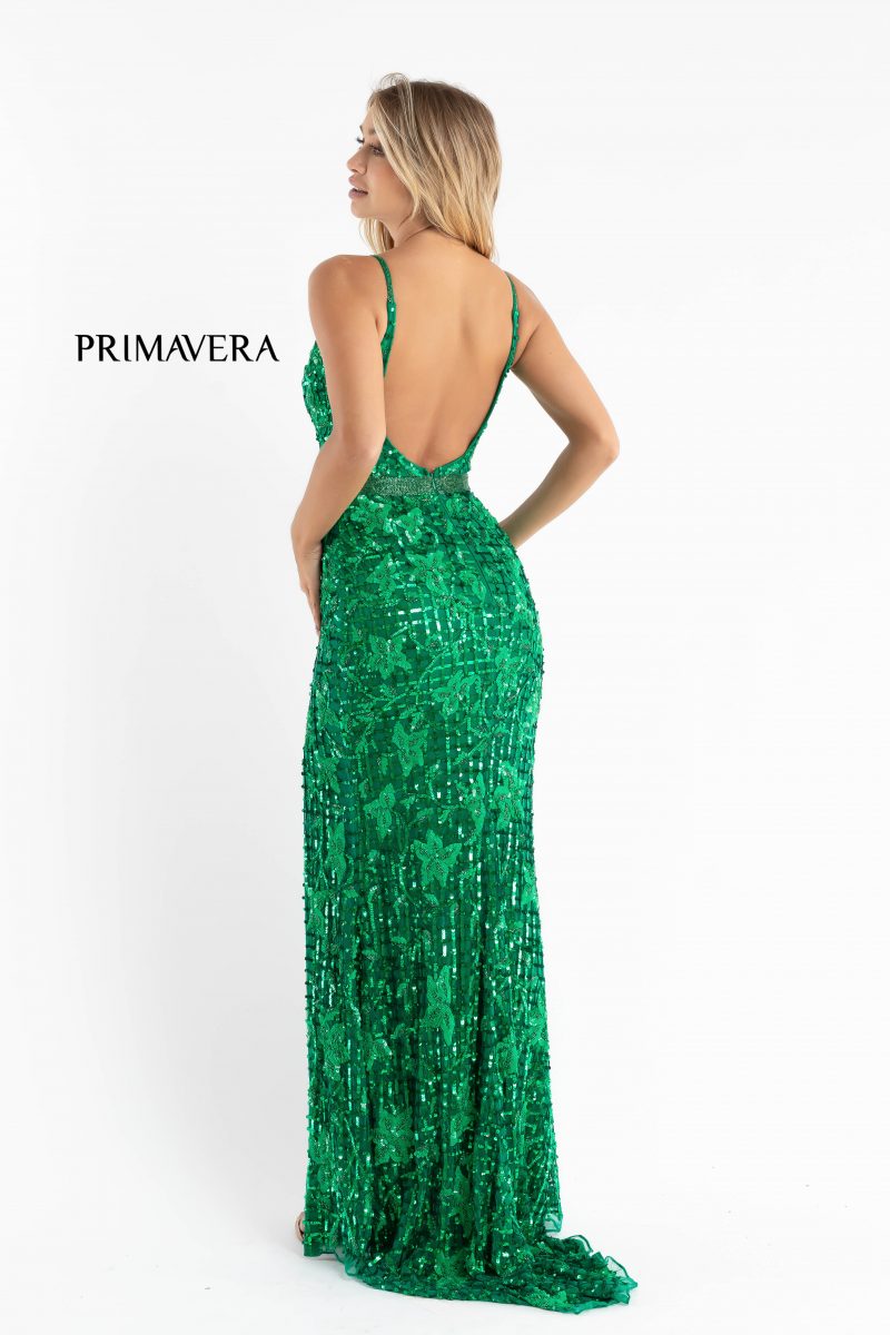 Deep V Neck Sequined With Slit Long Dress By Primavera Couture -3630