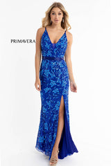 Deep V Neck Sequined With Slit Long Dress By Primavera Couture -3630