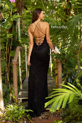 Beaded Lace-Up Open Back High Slit Dress By Primavera Couture -3638