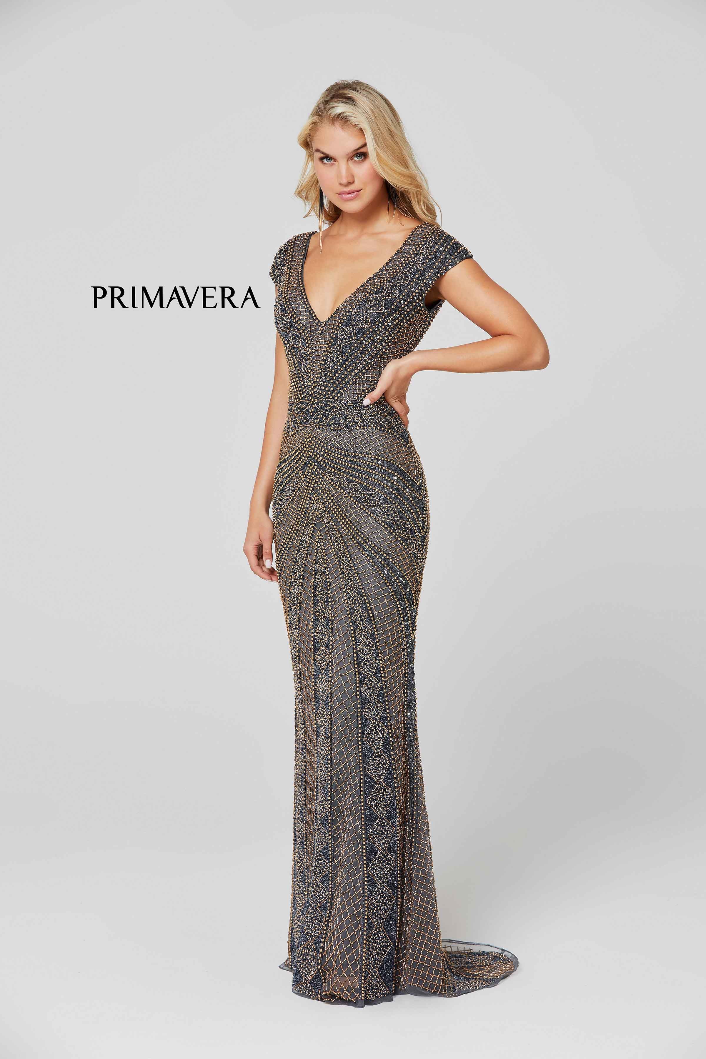 Sleeve V-Neck Neckline Embellished Gown By Primavera Couture -3674