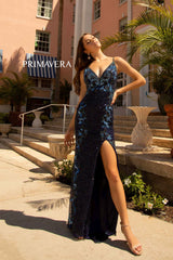 V-Neck Sleeveless High Slit Gown By Primavera Couture -3727