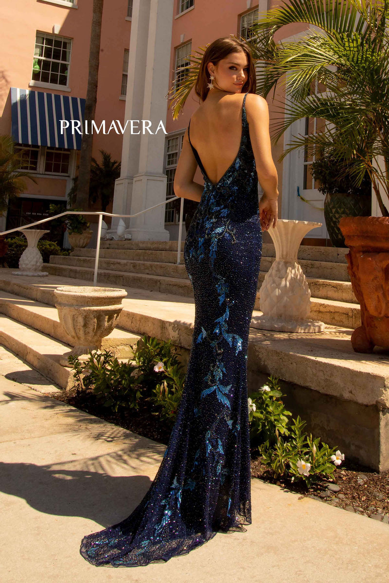 V-Neck Sleeveless High Slit Gown By Primavera Couture -3727