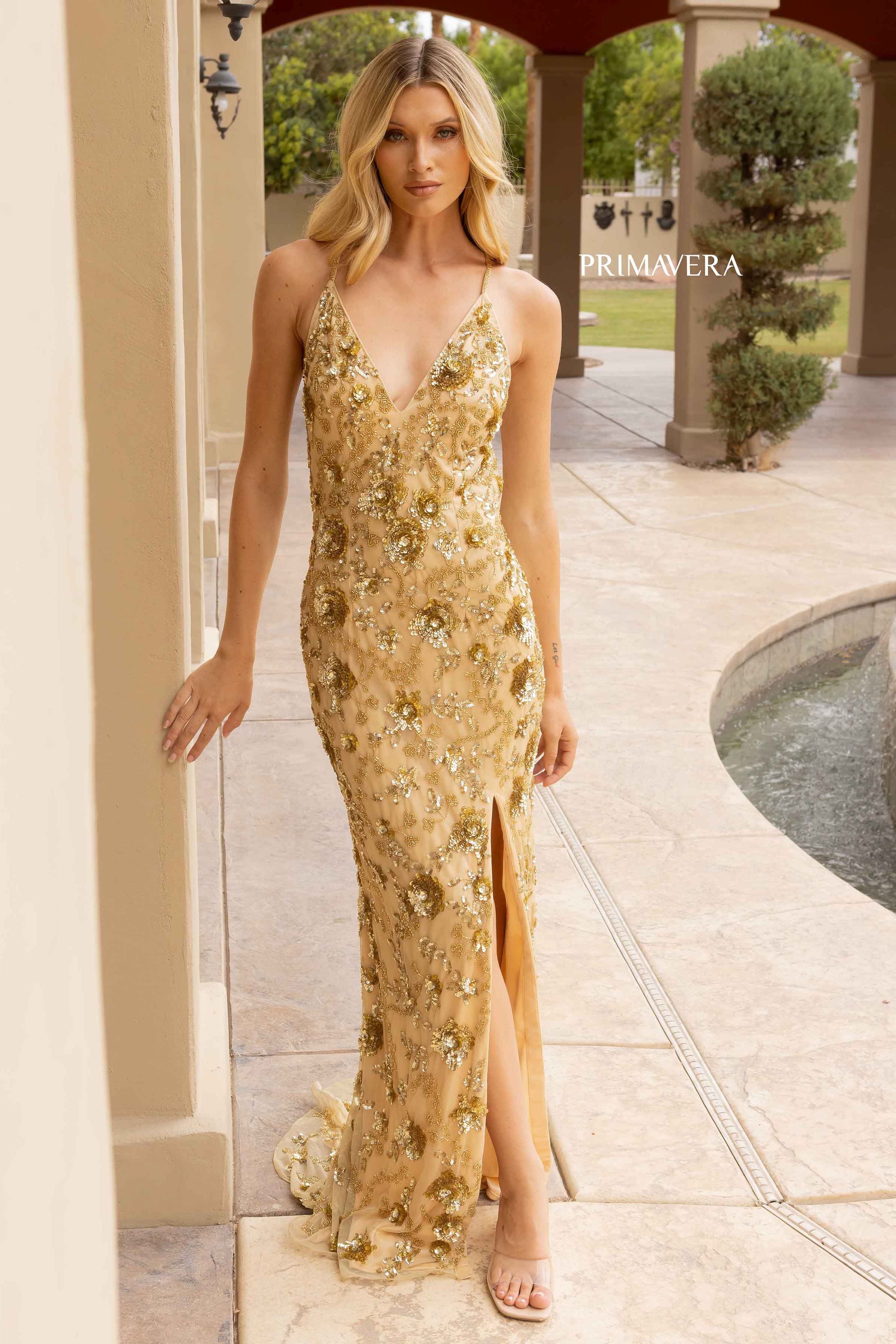 Sleeveless Plunging V-Neck Dress By Primavera Couture -3731