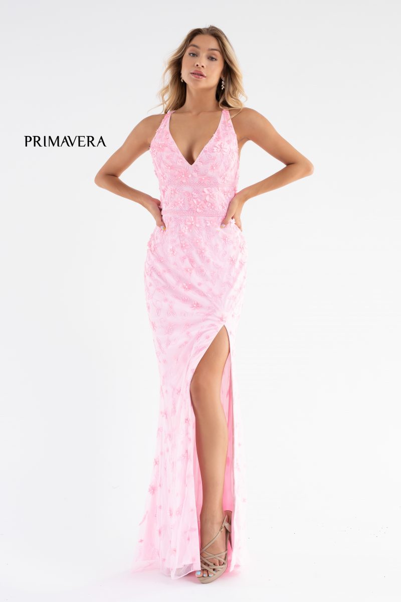 Beaded Floral High Front Slit Gown BY Primavera Couture -3746