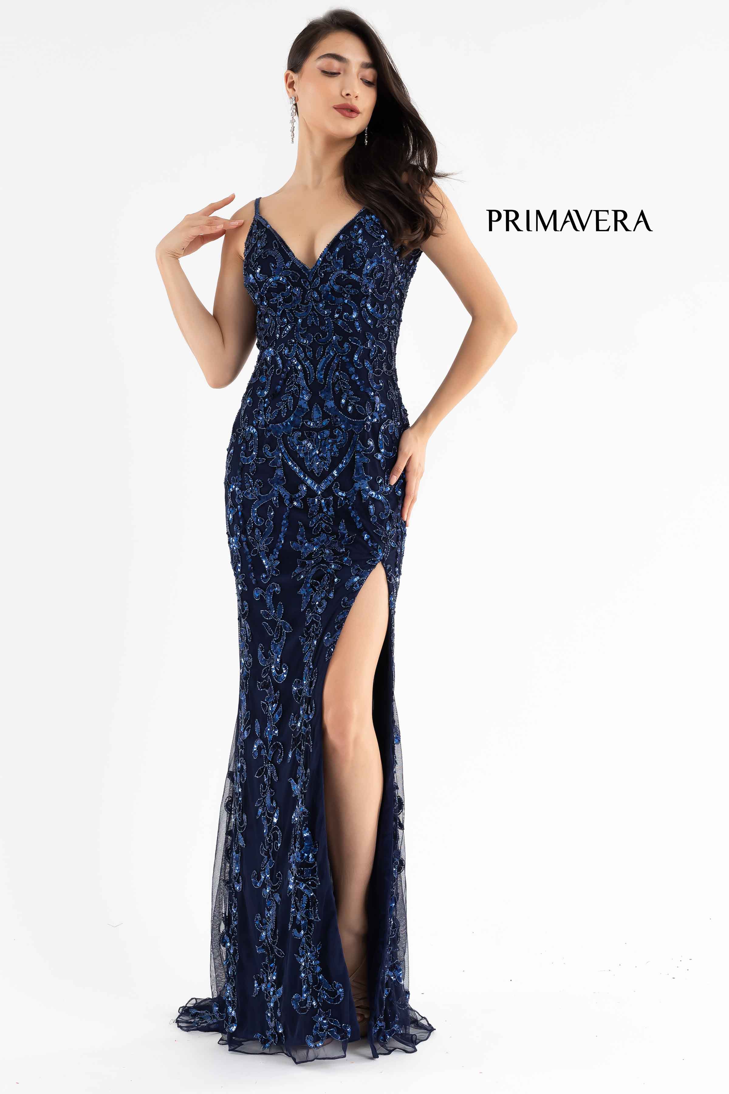 Sequin V-Neck Open Back Gown By Primavera Couture -3749