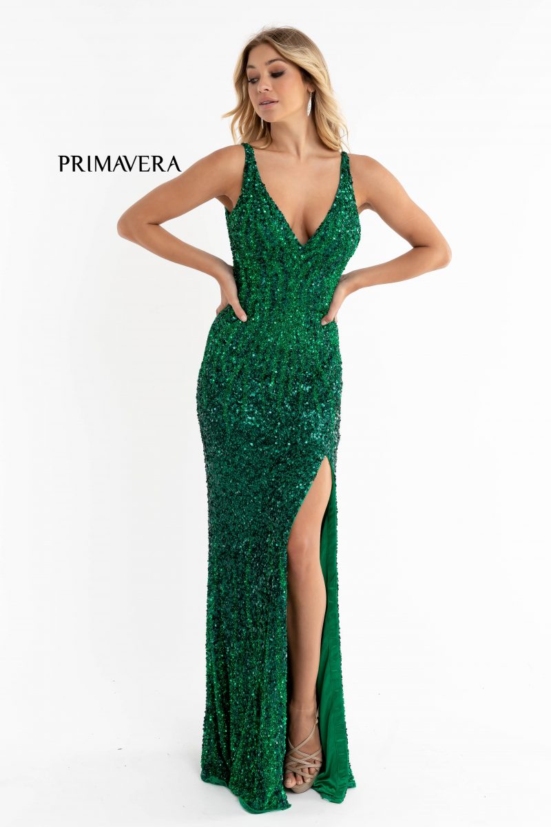 Sequin Plunging V-Neck Gown By Primavera Couture -3751