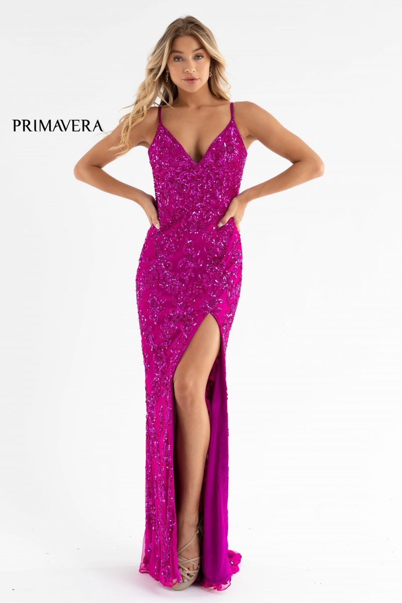 High Slit V-Neck Sequin Gown By Primavera Couture -3754