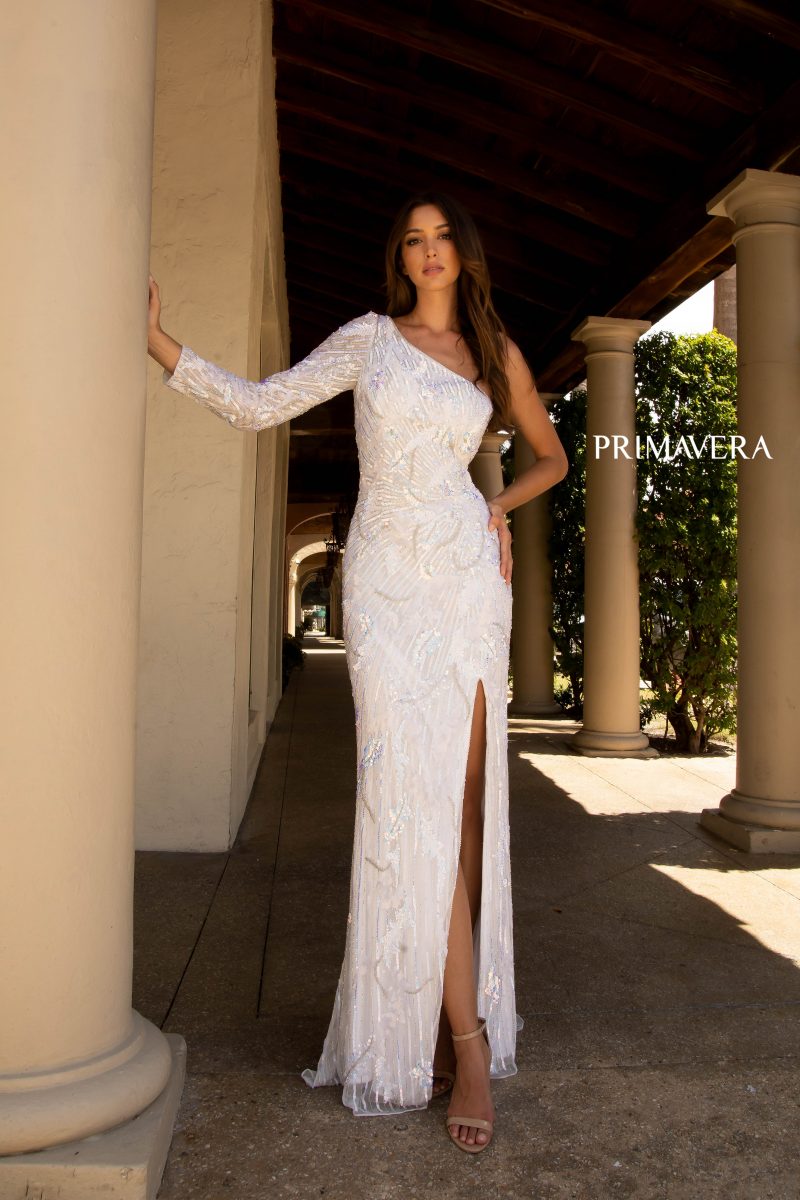Fully Beaded Long Sleeve One Shoulder Evening Gown By Primavera Couture -3759