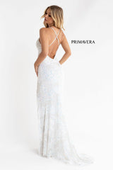 V-Neck Sequin Criss Cross Back Gown By Primavera Couture -3760