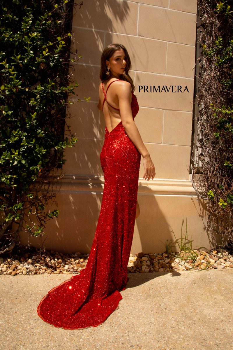 V-Neck Sequin Criss Cross Back Gown By Primavera Couture -3760