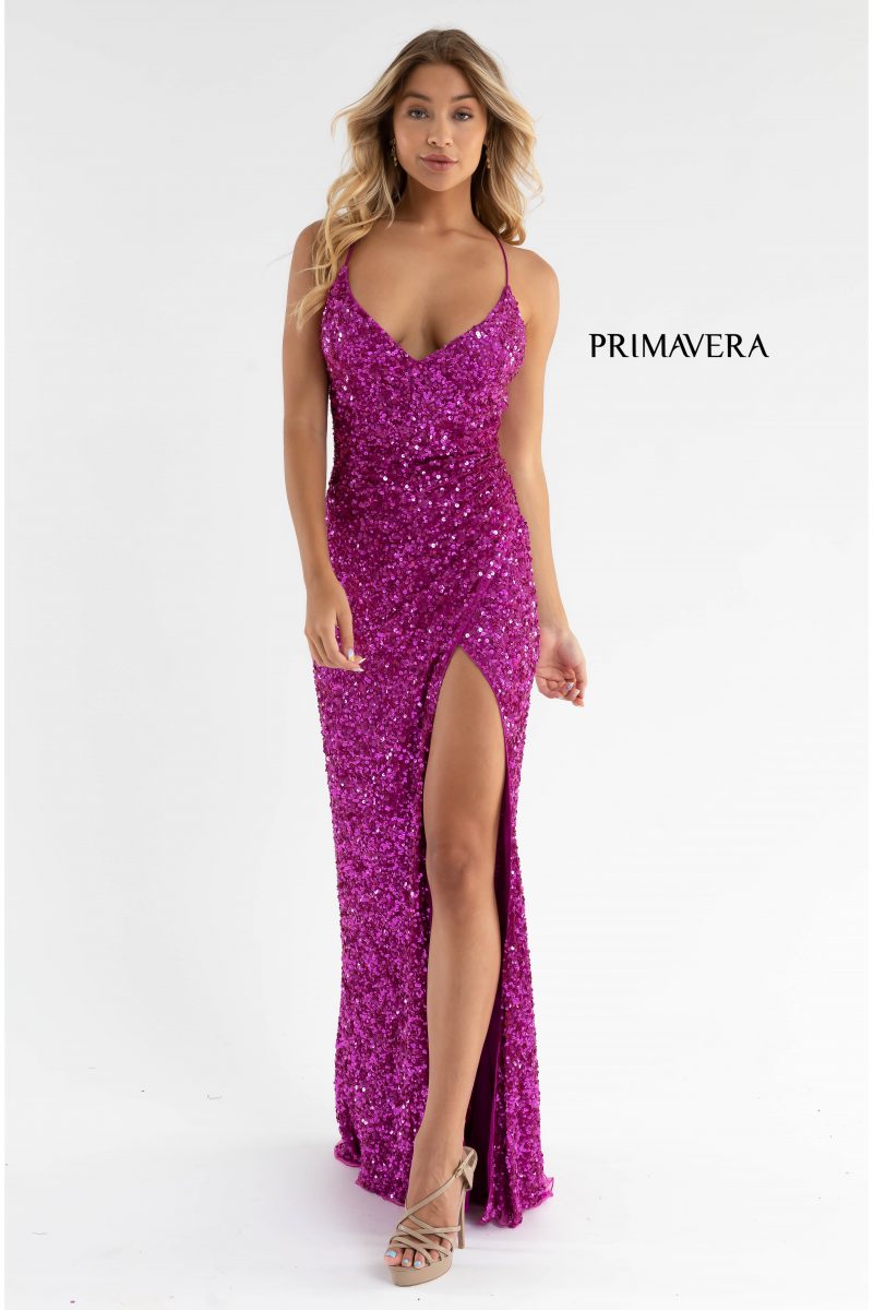 V-Neck Sequin Lace Up Dress By Primavera Couture -3791