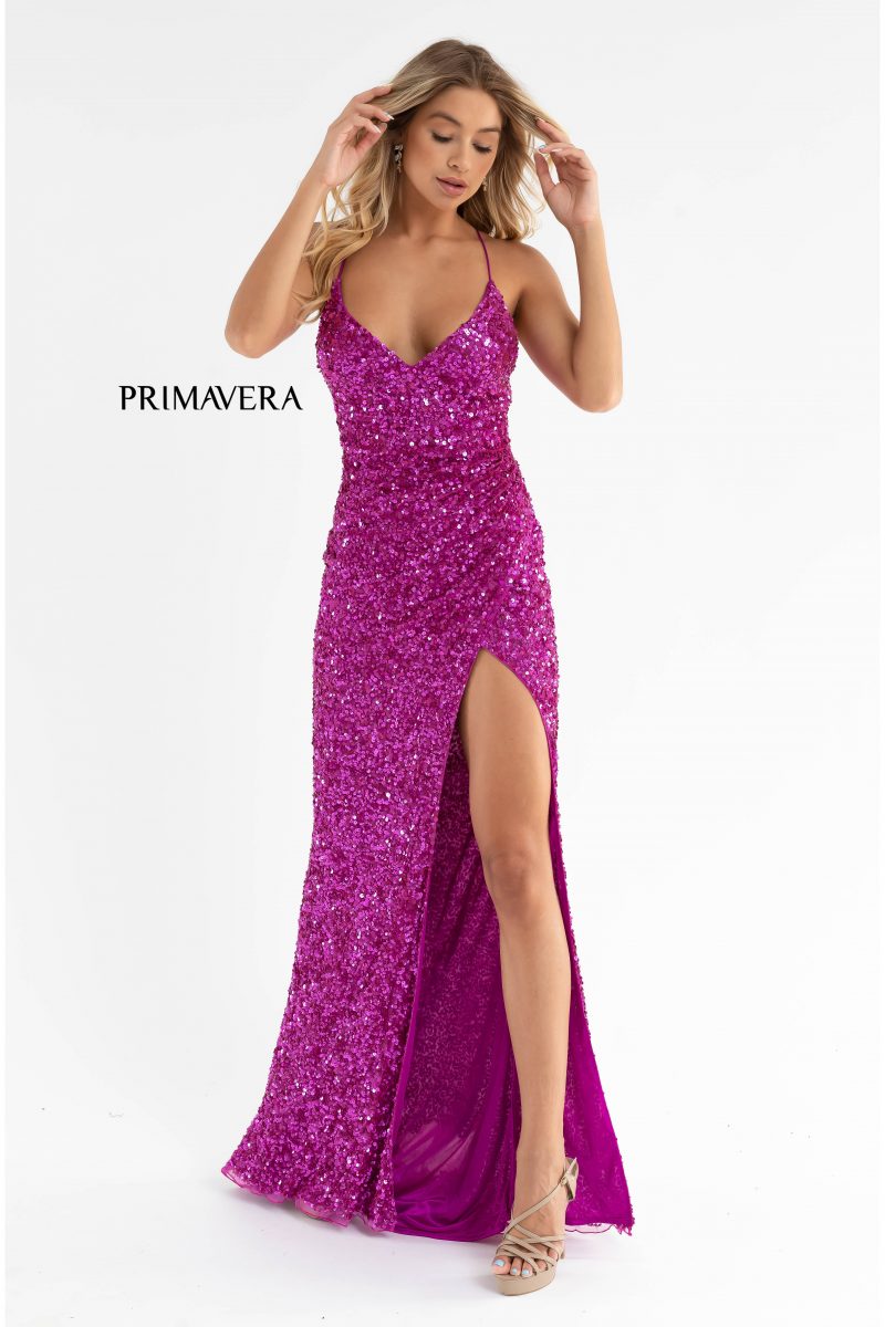 V-Neck Sequin Lace Up Dress By Primavera Couture -3791