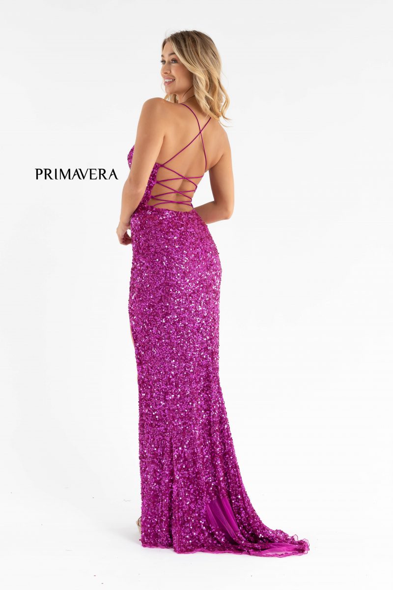 V-Neck Sequin Lace Up Dress By Primavera Couture -3791