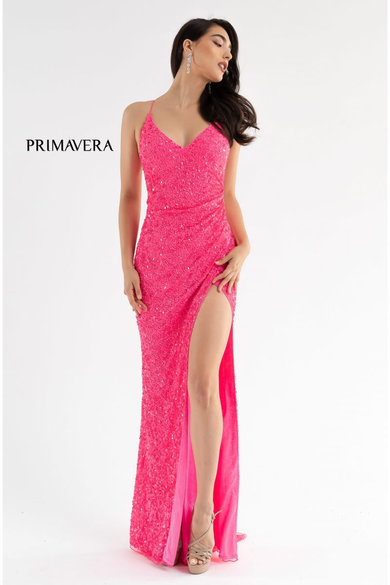 V-Neck Sequin Lace Up Dress By Primavera Couture -3791