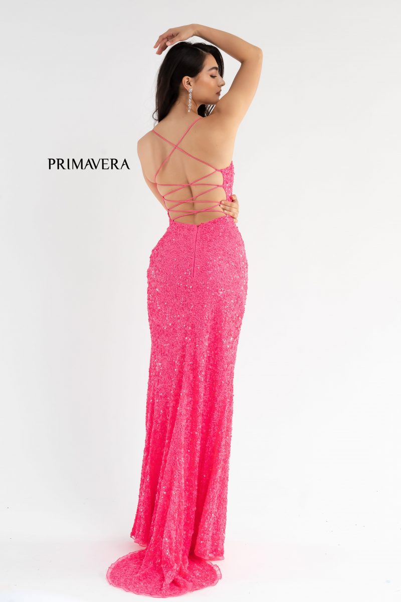 V-Neck Sequin Lace Up Dress By Primavera Couture -3791