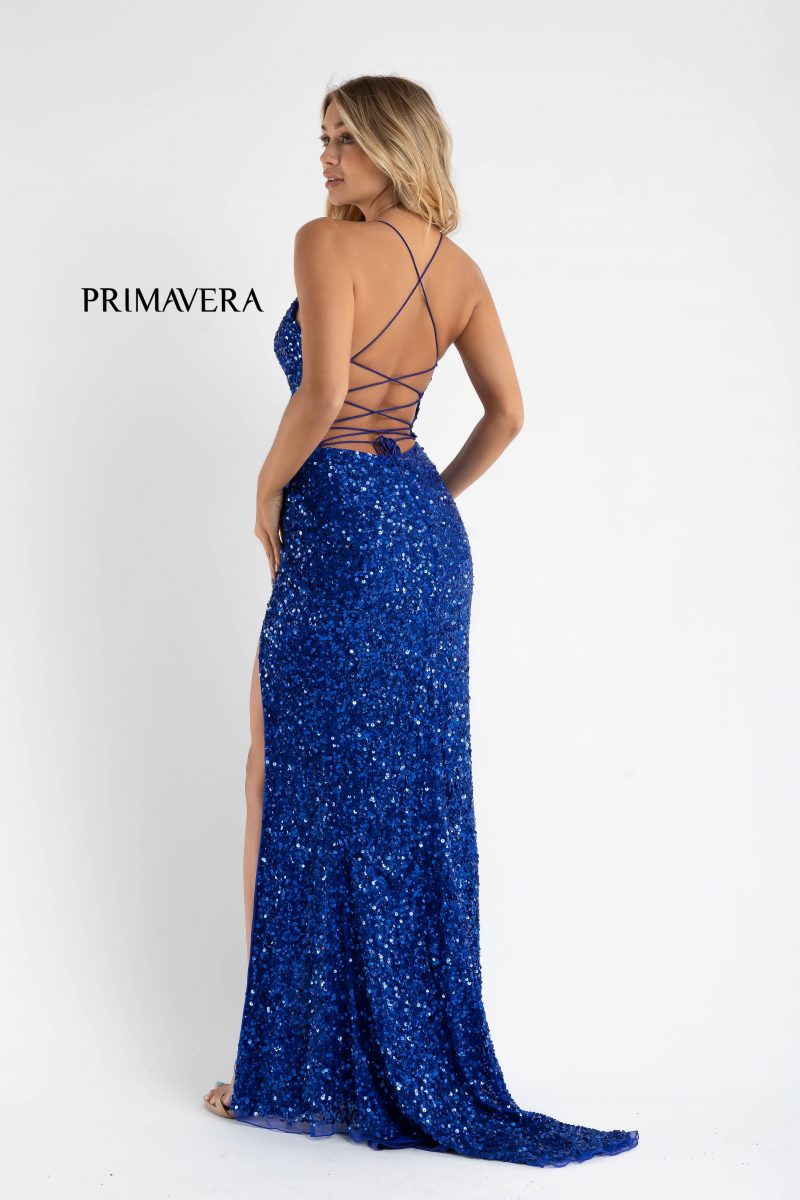 V-Neck Sequin Lace Up Dress By Primavera Couture -3791