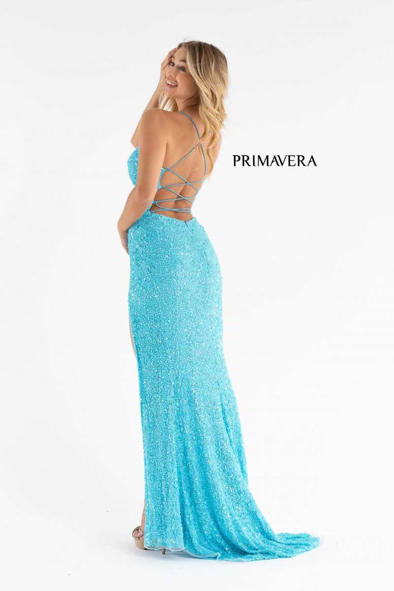 V-Neck Sequin Lace Up Dress By Primavera Couture -3791