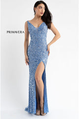 High Slit Sleeveless Sequin Dress By Primavera Couture -3792