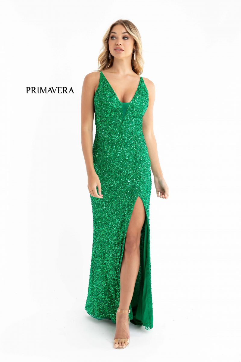 High Slit Sleeveless Sequin Dress By Primavera Couture -3792