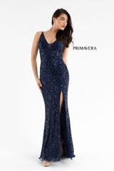 High Slit Sleeveless Sequin Dress By Primavera Couture -3792
