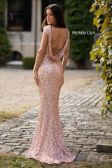 Long Sequin Bateau Neckline Gown By Primavera Couture -3796