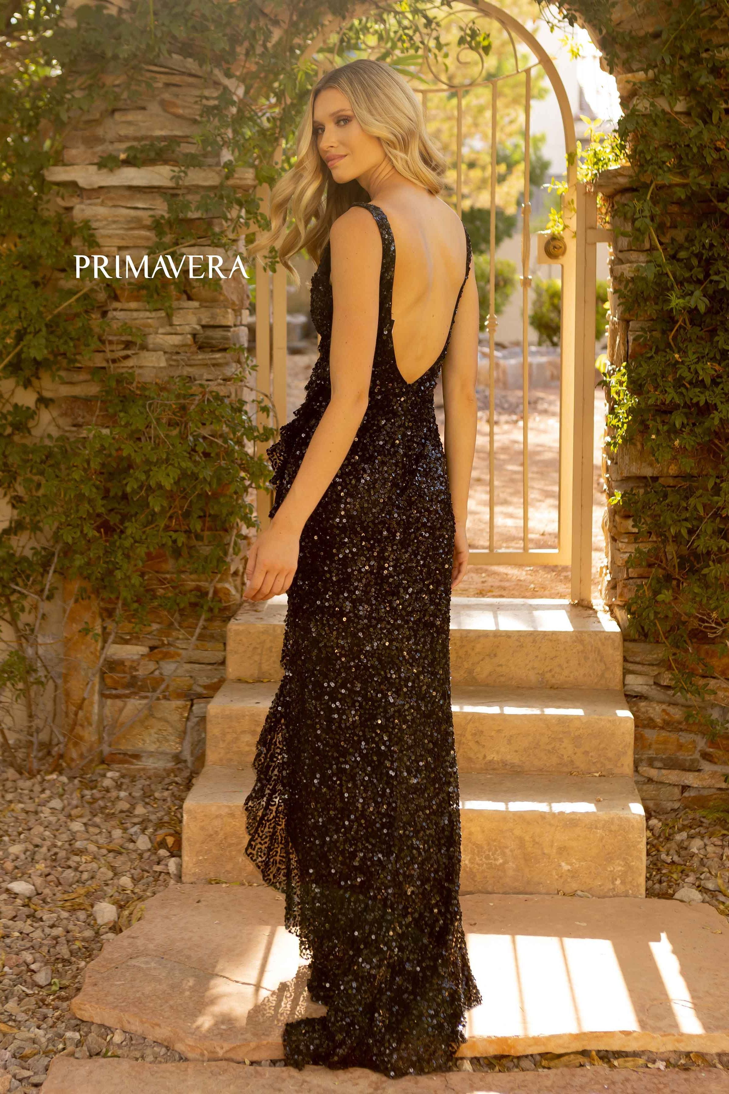 V-Neck Ruffled Sequin Evening Gown By Primavera Couture -3799