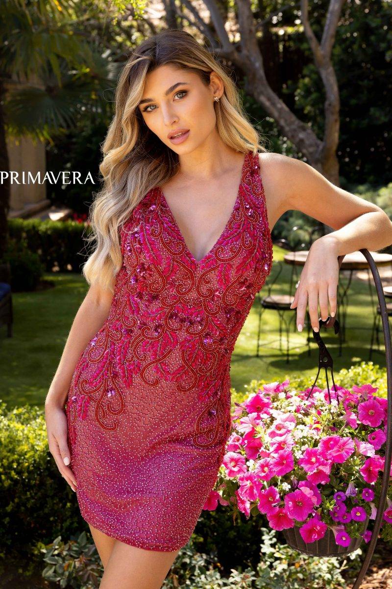 Bejeweled Appliqued V-Neck Cocktail Dress By Primavera Couture -3807