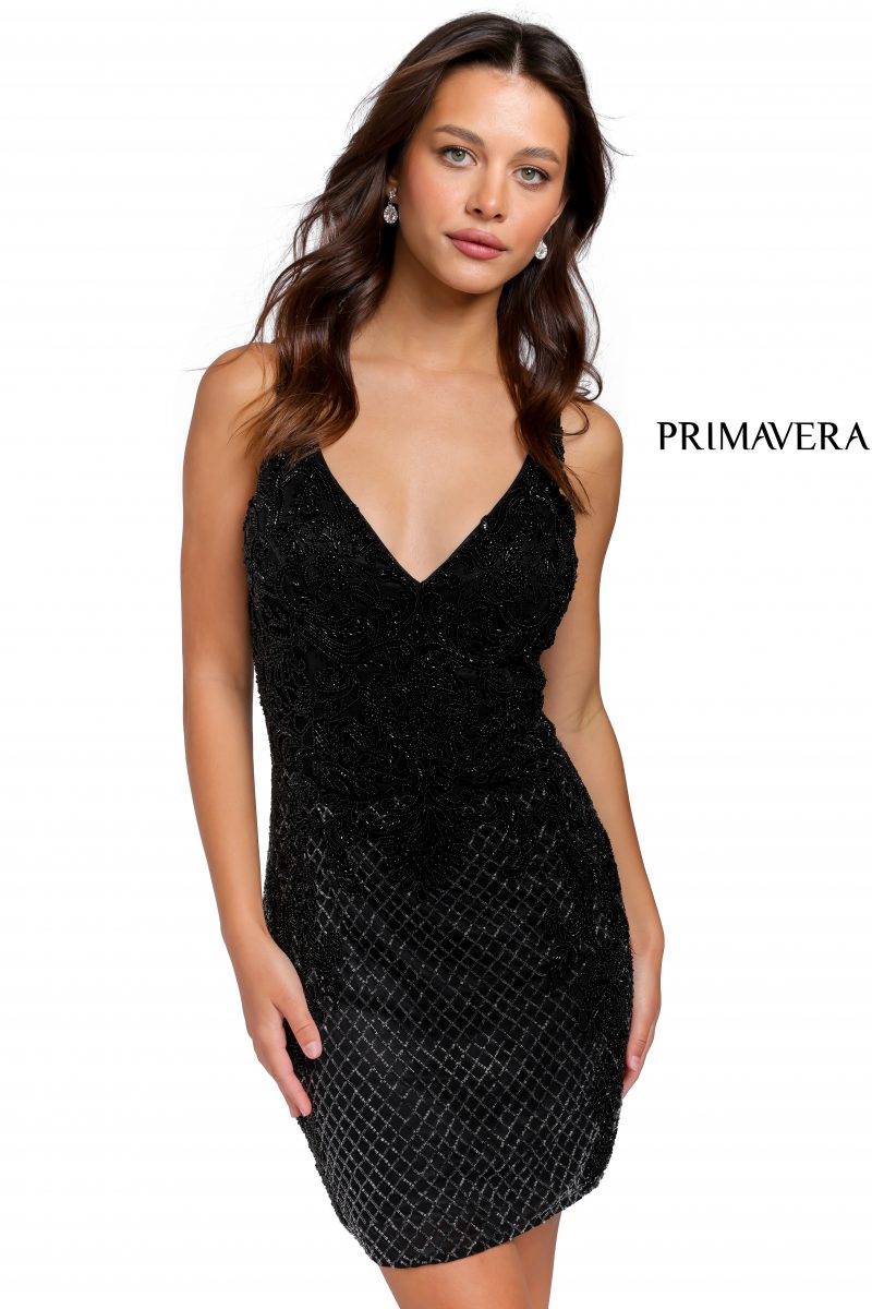 Beaded V-Neck Cocktail Dress By Primavera Couture -3827