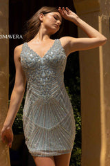 V-Neck Beaded Sheath Cocktail Dress by Primavera Couture -3829